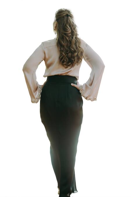 Kaprapan By Anaita Shah_Beige Satin Chiffon Embroidered Sequin Scatter Shirt And Draped Skirt Set_at_Aza_Fashions