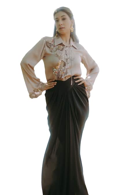 Shop_Kaprapan By Anaita Shah_Beige Satin Chiffon Embroidered Sequin Scatter Shirt And Draped Skirt Set