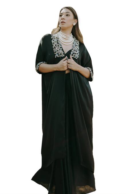 Kaprapan By Anaita Shah_Black Satin Chiffon Embroidered Sequin Sweetheart Scatter Cape Skirt Set_Online_at_Aza_Fashions