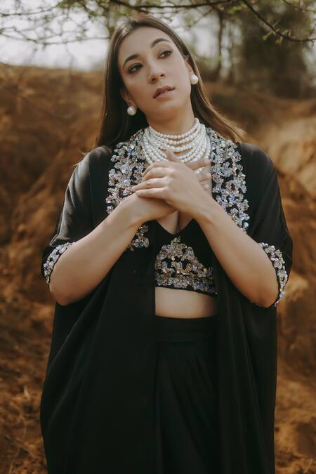Buy_Kaprapan By Anaita Shah_Black Satin Chiffon Embroidered Sequin Sweetheart Scatter Cape Skirt Set_Online_at_Aza_Fashions