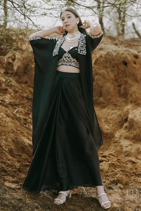 Shop_Kaprapan By Anaita Shah_Black Satin Chiffon Embroidered Sequin Sweetheart Scatter Cape Skirt Set_Online_at_Aza_Fashions