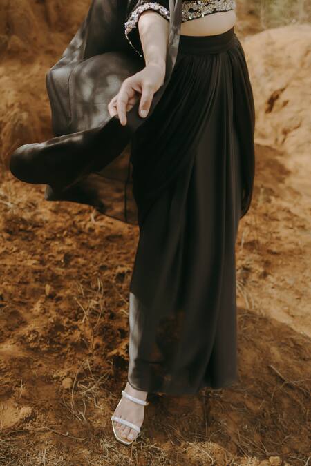 Kaprapan By Anaita Shah_Black Satin Chiffon Embroidered Sequin Sweetheart Scatter Cape Skirt Set_at_Aza_Fashions