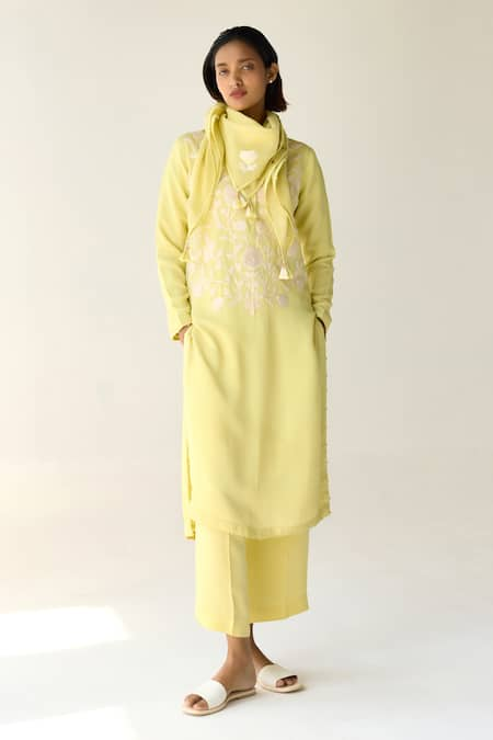 Shyam Narayan Prasad Yellow Georgette Hand Embroidered Floral Round Kurta Set 