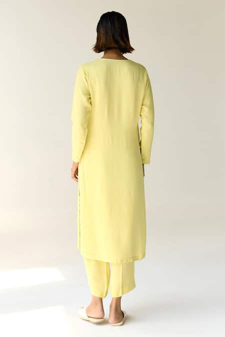 Shop_Shyam Narayan Prasad_Yellow Georgette Embroidery, Sequins Round Neck Floral Hand Kurta Set _at_Aza_Fashions