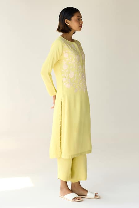 Shop_Shyam Narayan Prasad_Yellow Georgette Embroidery, Sequins Round Neck Floral Hand Kurta Set _Online_at_Aza_Fashions