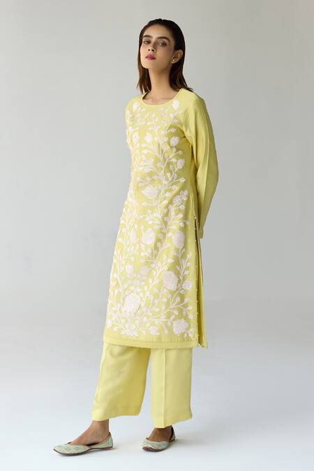 Shop_Shyam Narayan Prasad_Yellow Chanderi Embroidery, Sequins Round Neck Floral Hand Kurta Set _Online_at_Aza_Fashions
