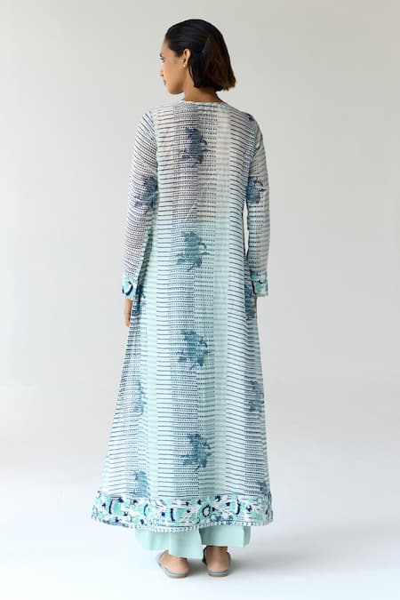 Shop_Shyam Narayan Prasad_Blue Chanderi, Georgette Embroidery, Sequins Hand Block Print Long Kurta Set _at_Aza_Fashions