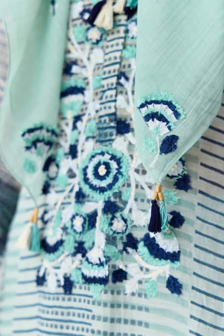 Shyam Narayan Prasad_Blue Chanderi, Georgette Embroidery, Sequins Hand Block Print Long Kurta Set _Online_at_Aza_Fashions