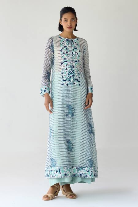 Buy_Shyam Narayan Prasad_Blue Chanderi, Georgette Embroidery, Sequins Hand Block Print Long Kurta Set _Online_at_Aza_Fashions