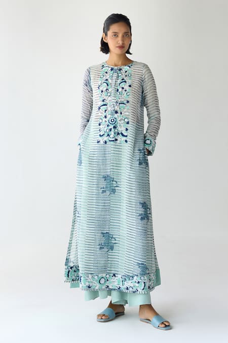Shop_Shyam Narayan Prasad_Blue Chanderi, Georgette Embroidery, Sequins Hand Block Print Long Kurta Set _Online_at_Aza_Fashions