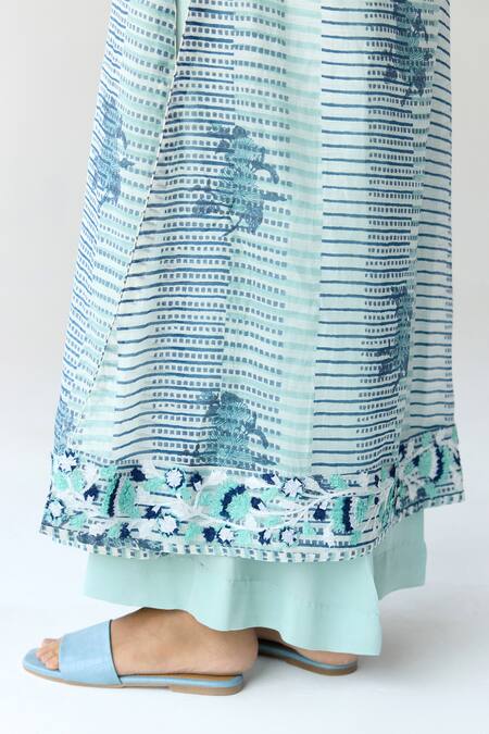 Buy_Shyam Narayan Prasad_Blue Chanderi, Georgette Embroidery, Sequins Hand Block Print Long Kurta Set 