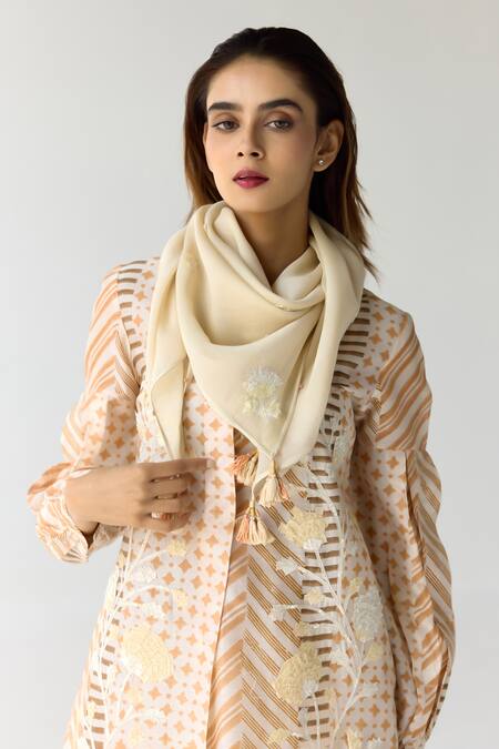 Buy_Shyam Narayan Prasad_Beige Chanderi, Georgette Embroidery, Sequins Hand Block Print Kurta Trouser Set _Online_at_Aza_Fashions