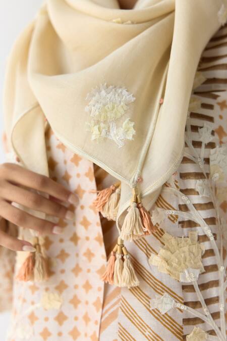 Shop_Shyam Narayan Prasad_Beige Chanderi, Georgette Embroidery, Sequins Hand Block Print Kurta Trouser Set _Online_at_Aza_Fashions