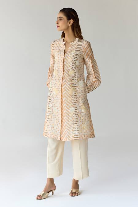Buy_Shyam Narayan Prasad_Beige Chanderi, Georgette Embroidery, Sequins Hand Block Print Kurta Trouser Set 