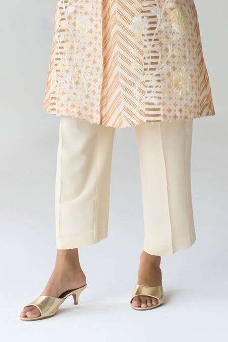 Shop_Shyam Narayan Prasad_Beige Chanderi, Georgette Embroidery, Sequins Hand Block Print Kurta Trouser Set 