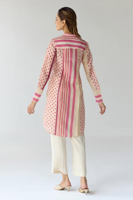 Shop_Shyam Narayan Prasad_Pink Chanderi, Georgette Embroidery Collared Hand Block Print Kurta Pant Set _at_Aza_Fashions