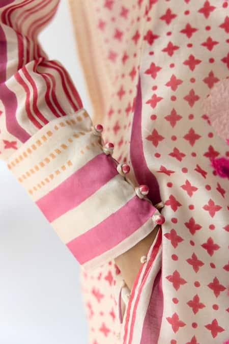 Shyam Narayan Prasad_Pink Chanderi, Georgette Embroidery Collared Hand Block Print Kurta Pant Set _Online_at_Aza_Fashions