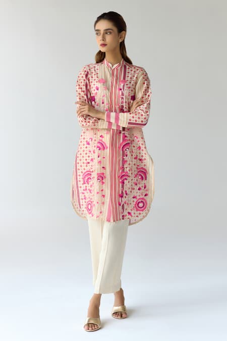 Shop_Shyam Narayan Prasad_Pink Chanderi, Georgette Embroidery Collared Hand Block Print Kurta Pant Set _Online_at_Aza_Fashions