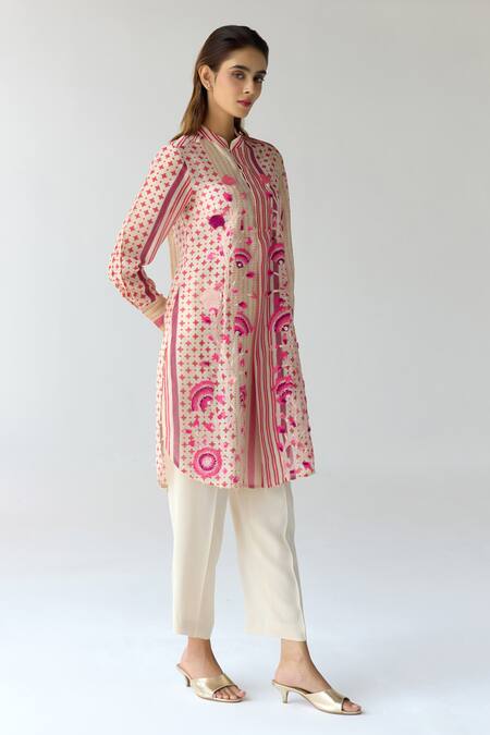 Shyam Narayan Prasad_Pink Chanderi, Georgette Embroidery Collared Hand Block Print Kurta Pant Set _at_Aza_Fashions