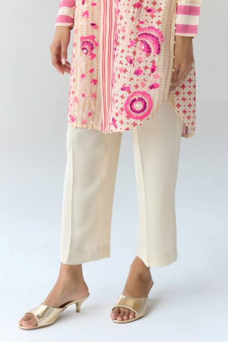 Buy_Shyam Narayan Prasad_Pink Chanderi, Georgette Embroidery Collared Hand Block Print Kurta Pant Set 