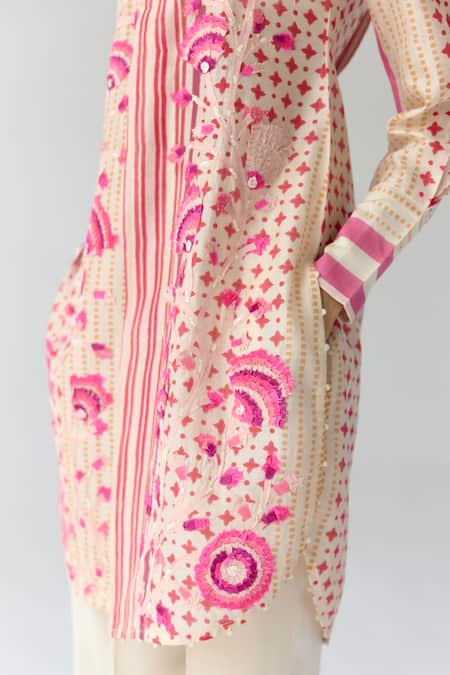 Shop_Shyam Narayan Prasad_Pink Chanderi, Georgette Embroidery Collared Hand Block Print Kurta Pant Set 