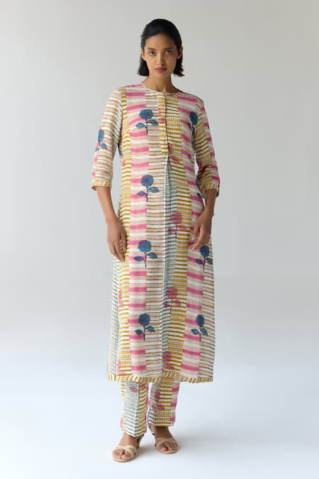 Shyam Narayan Prasad Multi Color Georgette Hand Block Printed Floral Bock Kurta And Trouser Co-ord Set 