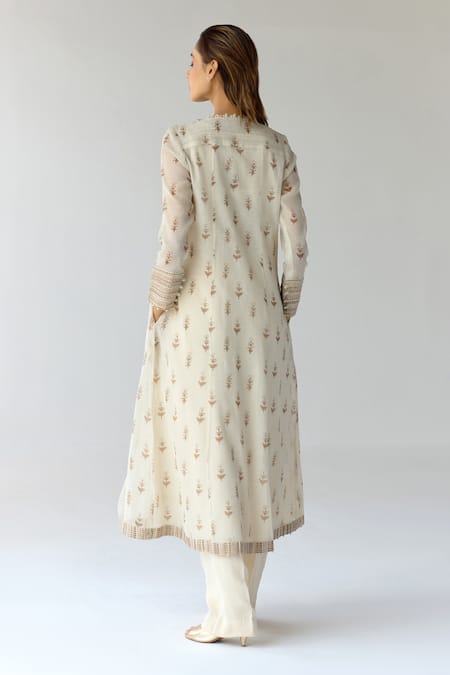 Shop_Shyam Narayan Prasad_White Chanderi, Georgette Sequins, Embroidery Floral Flared Kurta Trouser Set _at_Aza_Fashions