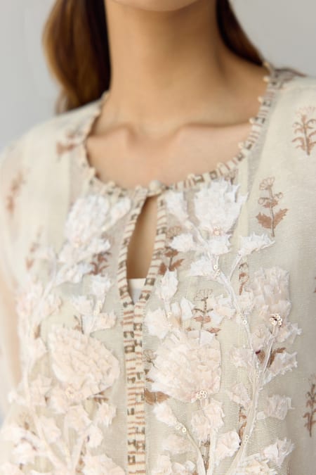 Buy_Shyam Narayan Prasad_White Chanderi, Georgette Sequins, Embroidery Floral Flared Kurta Trouser Set _Online_at_Aza_Fashions