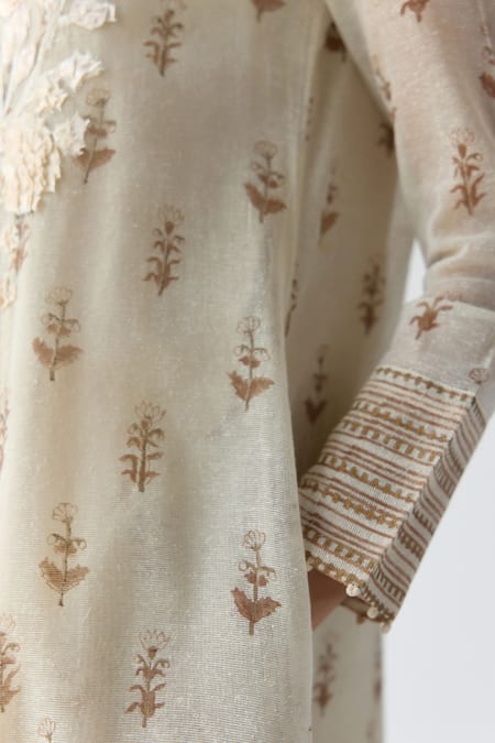 Shop_Shyam Narayan Prasad_White Chanderi, Georgette Sequins, Embroidery Floral Flared Kurta Trouser Set _Online_at_Aza_Fashions