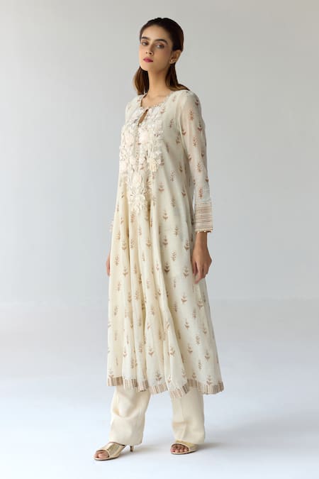 Buy_Shyam Narayan Prasad_White Chanderi, Georgette Sequins, Embroidery Floral Flared Kurta Trouser Set 