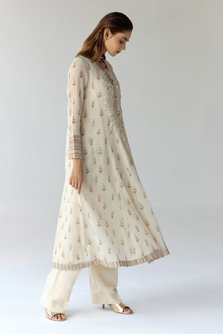 Shop_Shyam Narayan Prasad_White Chanderi, Georgette Sequins, Embroidery Floral Flared Kurta Trouser Set 