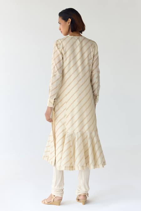 Shop_Shyam Narayan Prasad_Beige Chanderi Embroidery, Sequins Round Neck Floral Striped Kurta Set _at_Aza_Fashions