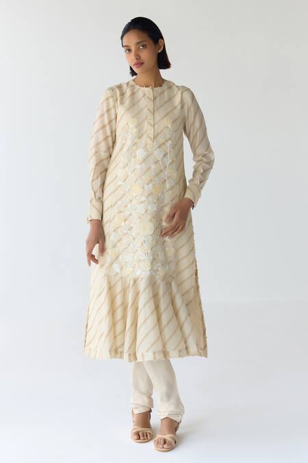 Buy_Shyam Narayan Prasad_Beige Chanderi Embroidery, Sequins Round Neck Floral Striped Kurta Set _Online_at_Aza_Fashions