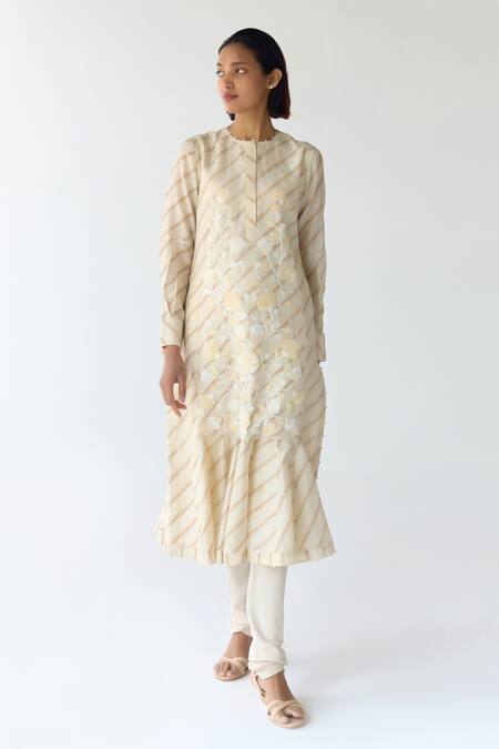 Shop_Shyam Narayan Prasad_Beige Chanderi Embroidery, Sequins Round Neck Floral Striped Kurta Set _Online_at_Aza_Fashions