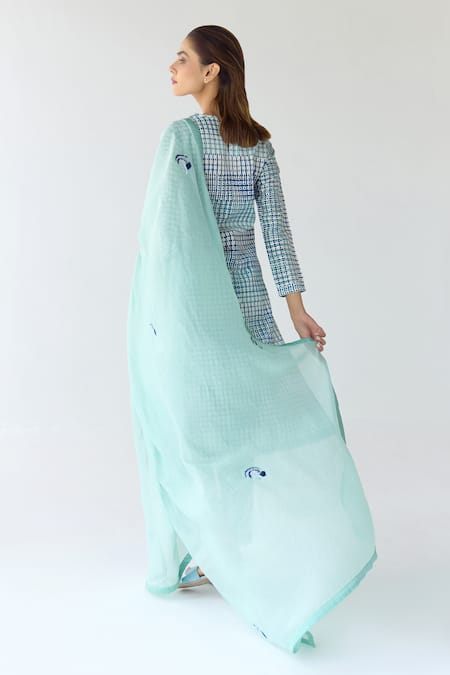 Shop_Shyam Narayan Prasad_Blue Chanderi, Georgette Sequins, Embroidery Round Hand Block Print Kurta Set _at_Aza_Fashions