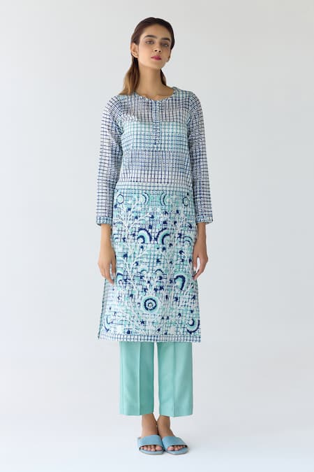 Buy_Shyam Narayan Prasad_Blue Chanderi, Georgette Sequins, Embroidery Round Hand Block Print Kurta Set _Online_at_Aza_Fashions