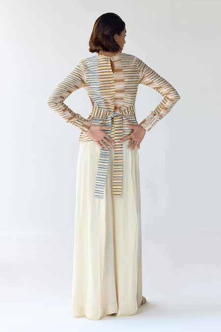 Shop_Shyam Narayan Prasad_White Chanderi Hand Block Printed Floral Round Top And Trouser Set _at_Aza_Fashions