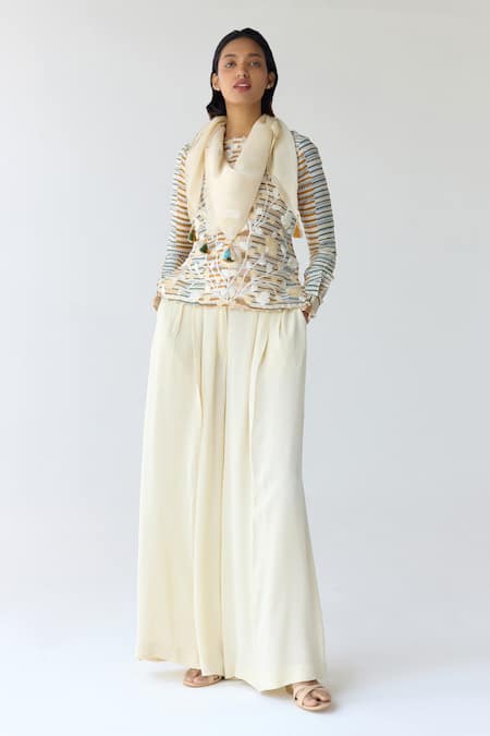 Shop_Shyam Narayan Prasad_White Chanderi Hand Block Printed Floral Round Top And Trouser Set _Online_at_Aza_Fashions