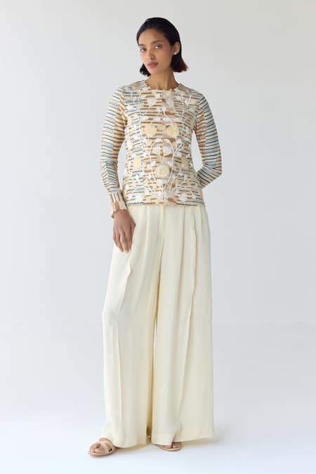 Shyam Narayan Prasad_White Chanderi Hand Block Printed Floral Round Top And Trouser Set _at_Aza_Fashions