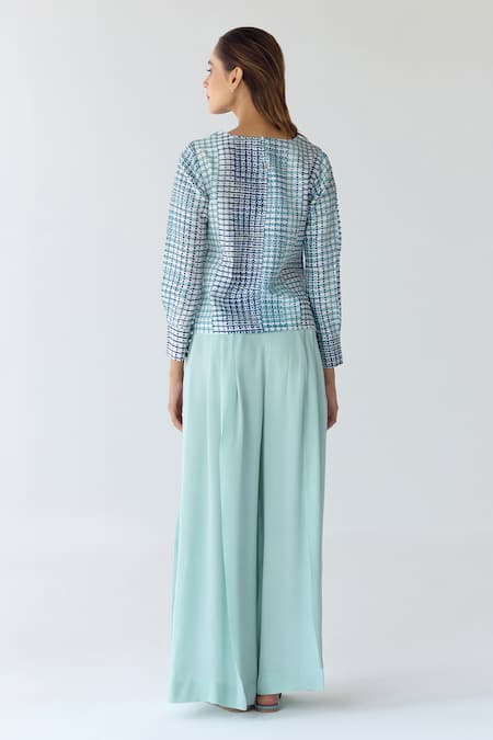 Shop_Shyam Narayan Prasad_Blue Chanderi Hand Block Printed Floral Round Striped Top And Trouser Set _at_Aza_Fashions