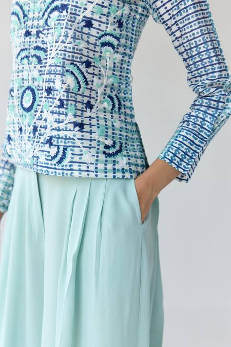Shyam Narayan Prasad_Blue Chanderi Hand Block Printed Floral Round Striped Top And Trouser Set _Online_at_Aza_Fashions