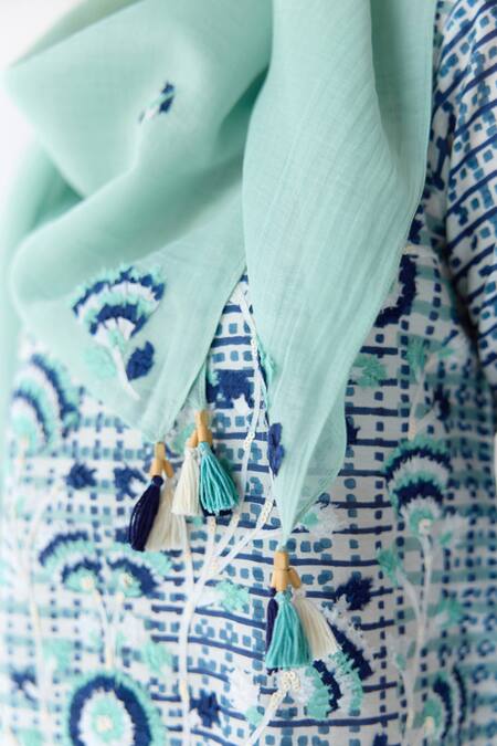 Buy_Shyam Narayan Prasad_Blue Chanderi Hand Block Printed Floral Round Striped Top And Trouser Set _Online_at_Aza_Fashions