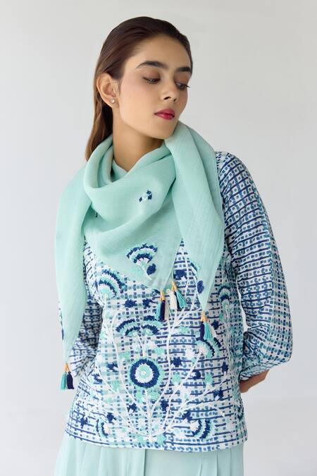 Shop_Shyam Narayan Prasad_Blue Chanderi Hand Block Printed Floral Round Striped Top And Trouser Set _Online_at_Aza_Fashions