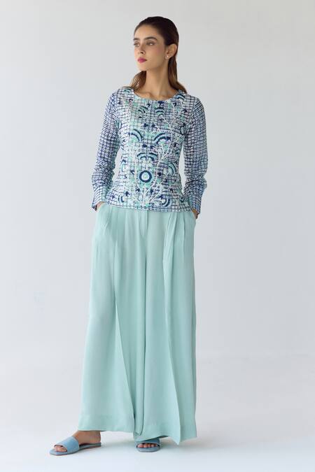 Shyam Narayan Prasad_Blue Chanderi Hand Block Printed Floral Round Striped Top And Trouser Set _at_Aza_Fashions