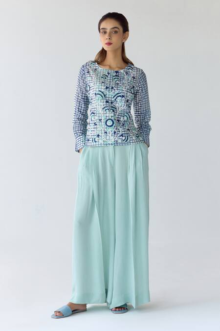 Buy_Shyam Narayan Prasad_Blue Chanderi Hand Block Printed Floral Round Striped Top And Trouser Set 