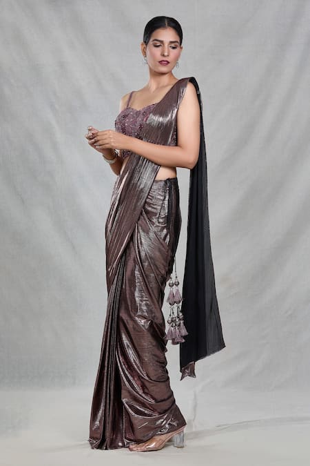 Samyukta Singhania Brown Silk Tassels, Beads, Sequins, Shimmery Stripe Pre-draped Saree With Blouse at Aza Fashions Samyukta Singhania_Brown Silk Tassels, Beads, Sequins, Shimmery Stripe Pre-draped Saree With Blouse _at_Aza_Fashions