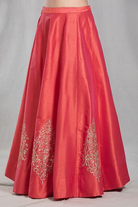 Shop_Samyukta Singhania_Orange Silk, Brocade Geometric Woven Layered Jacket Embroidered Lehenga Set _Online_at_Aza_Fashions