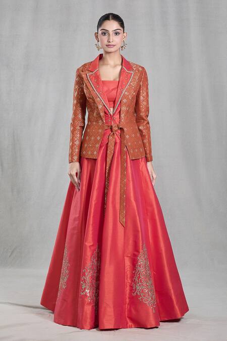 Buy_Samyukta Singhania_Orange Silk, Brocade Geometric Woven Layered Jacket Embroidered Lehenga Set 