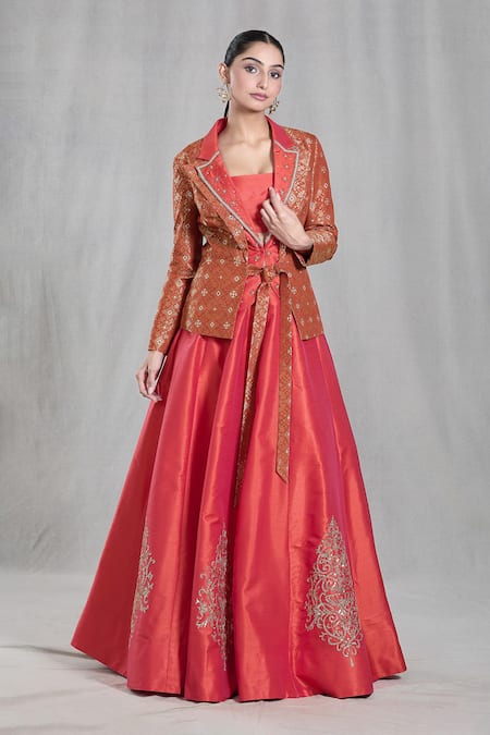 Shop_Samyukta Singhania_Orange Silk, Brocade Geometric Woven Layered Jacket Embroidered Lehenga Set 