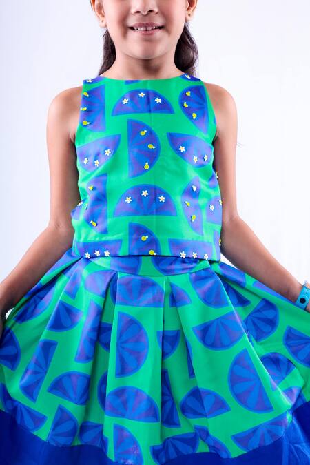 Buy_LA Dee DA_Green Cotton Sequins Lemon Print Top With Skirt_Online_at_Aza_Fashions